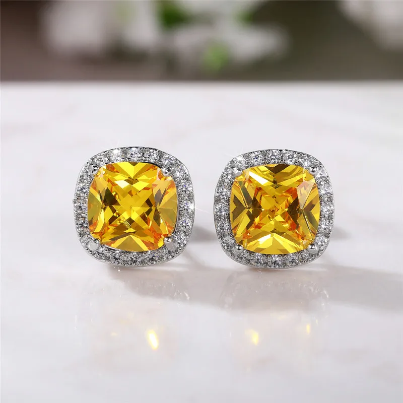 Huitan Bright White/Yellow/Pink CZ Stud Earrings for Women Fashion Contracted Jewelry High Quality Wedding Engagement Earrings