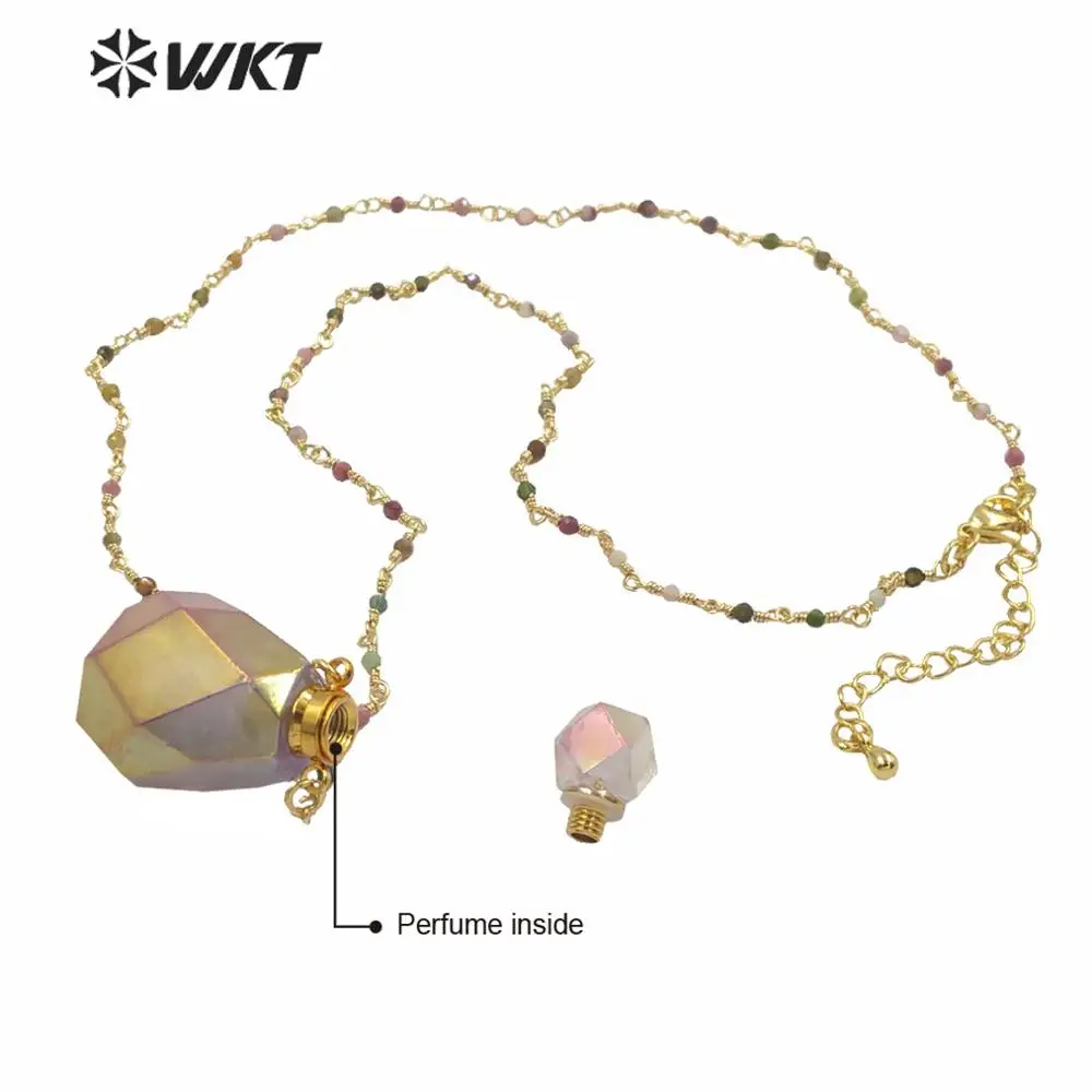 WT-N1236 Charming Purple Natural Amethyst Aura Perfume Bottle Necklace With Rosary Chain 18 Inch Girl Friend Birthday Gift