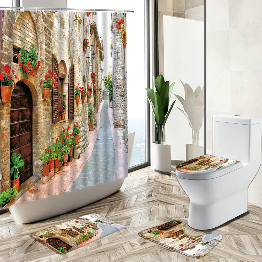 

Country Town Architecture Street View Shower Curtain Flower Rattan Natural Scenery Non-Slip Rug Toilet Cover Bathroom Deco Set