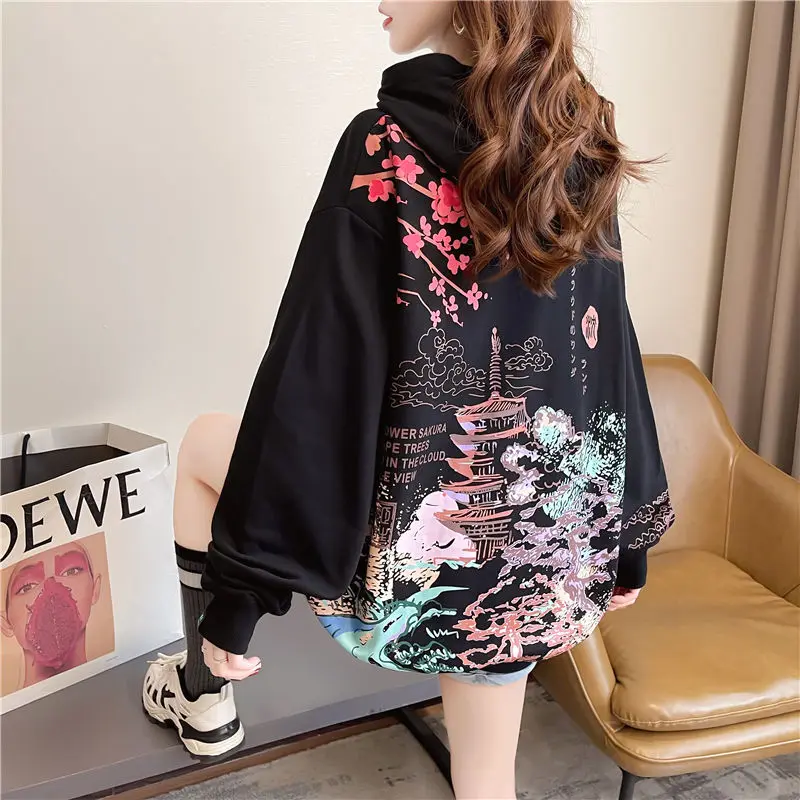 Autumn Winter Fashion Thin Women Hoodie Antiquity Lady Sweatshirt Print Harajuku Anime Pagoda Loose Black Pullover Female 2021