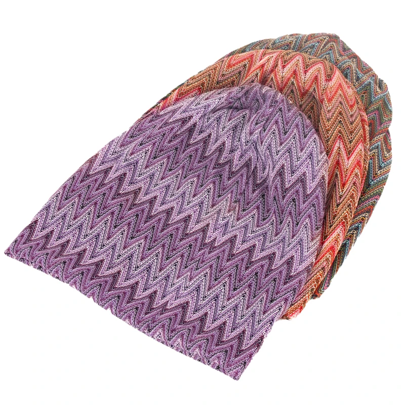 Geebro Women\'s Bohemia Wave Striped Beanie Hat Spring summer Multicolour Slouchy Hat for Ladies Knitted Bone hat Skullies Cap