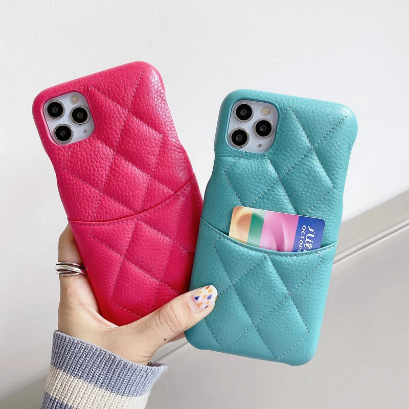 High Quality Luxury Genuine Cowhide Leather Card Slot Lambskin Case Cover For Iphone 14 13 12 Mini 11 Pro XS Max XR X 8 7 Plus