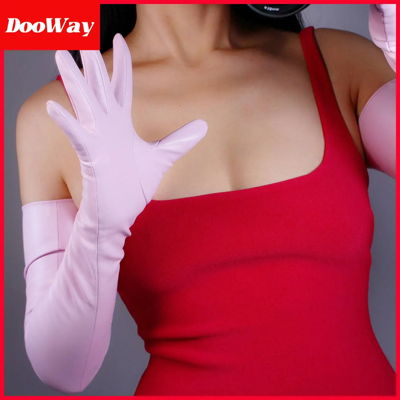 DooWay EXTRA LONG GLOVES Faux Leather PU Stretchy 28-inch Baby Pink Evening Dress Party Finger Gloves