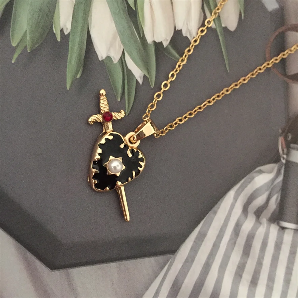 Gothic Gold Color Plating Sword Go Through Black Enamel Heart Charm Delicate Necklace For Women Girl Lovely Chic Unique Jewelry