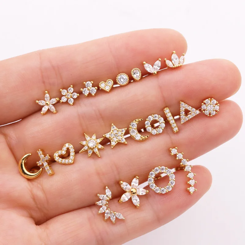 44pcs Tragus Helix Piercing Cartilage Earring Fashion Jewelry Crystal Zircon CZ Gem Ear Stud  Wholesale Copper Conch Rook