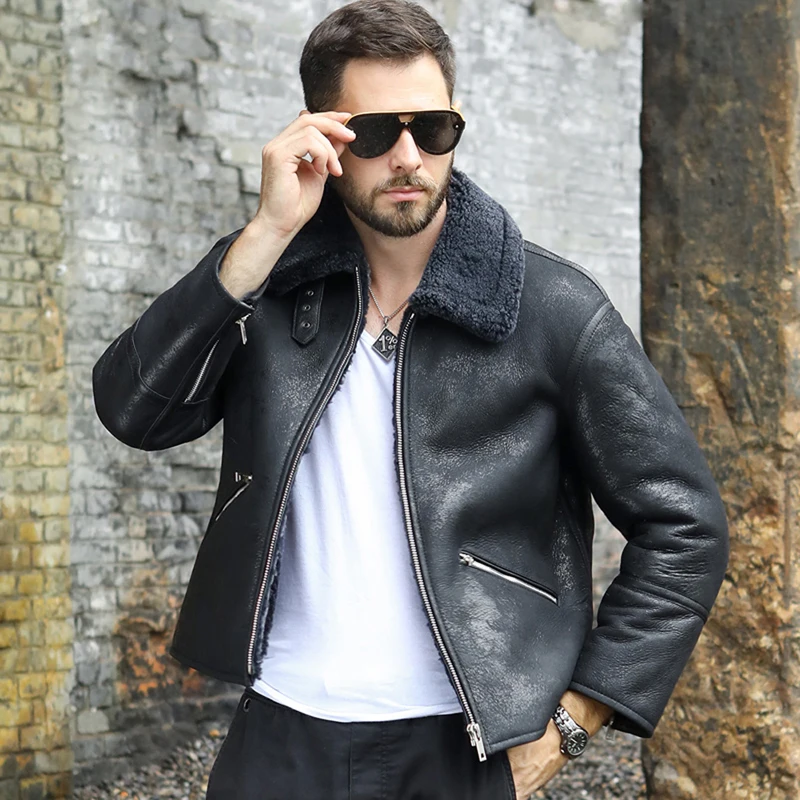 

New Mens Black Shearling Jacket Short Fur Coat Lapel Sheepskin Coat Mens Hunting Leather Jacket Winter Coats