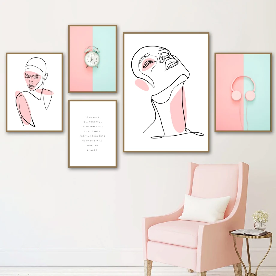 Pink Abstract Girl Banana Headset Clock Wall Art Canvas Painting Nordic Posters And Prints Wall Pictures For Living Room Decor