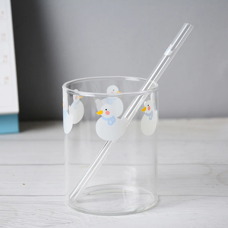 

Glass Cup Borosilicate Heat-Resisting Milk Fruit Juice Water Storage Cup With a Straw for Home Office Duck Printing Style