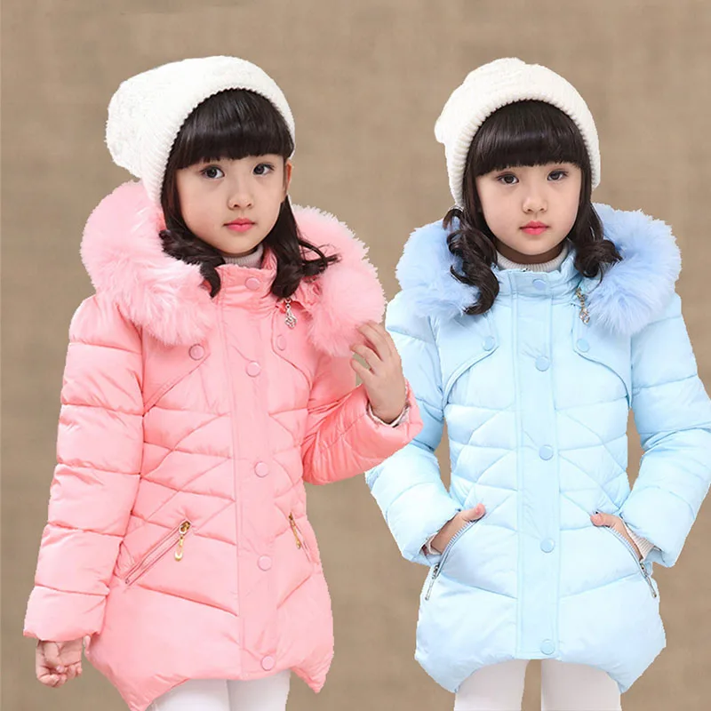 Kids Cothing Warm Padding Jacket For Girl Long Winter Thicken Parka With Fur Hood Children Outerwear Coats 4 6 8 10Year old