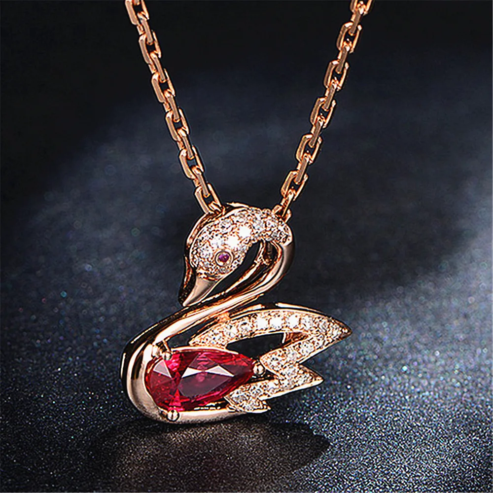Classical rose gold swan red crystal ruby gemstones diamonds pendant necklaces for women jewelry choker bijoux gift accessories