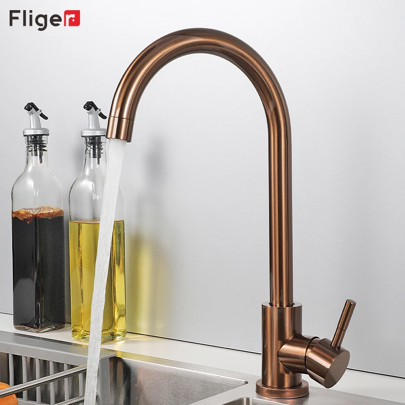 Fliger Rose Gold Kitchen Faucets Stainless Steel Kitchen Sink Mixer Tap Sink Faucets Hot Cold Water Mixer Faucet Torneira