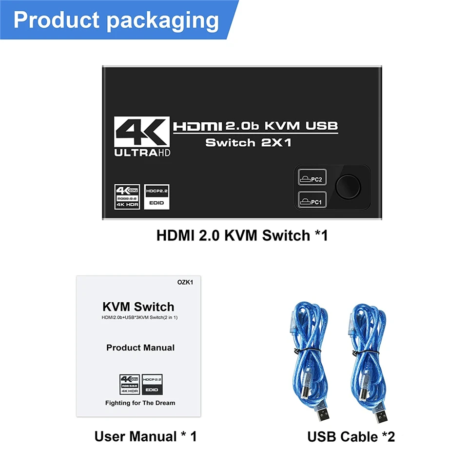 2023 4K 60Hz KVM Switch HDMI 2 Port HDMI KVM Switch USB PC Computer KVM Switch Keyboard Mouse Switcher Box for Laptop,PS4,Xbox