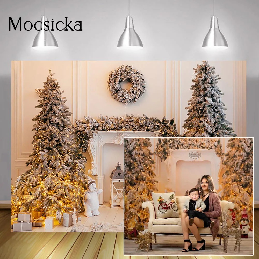 

Xmas Fireplace Backdrop Wreath Christmas Tree Gifts Background Winter Family Portrait Photography Photo Studio Party Decorations