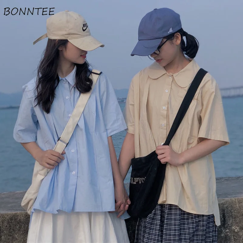 

Shirts Women All-match Peter-pan-collar Streetwear Friends Y2k Solid Summer Half-sleeve Casual Ulzzang Leisure Stylish Japanese