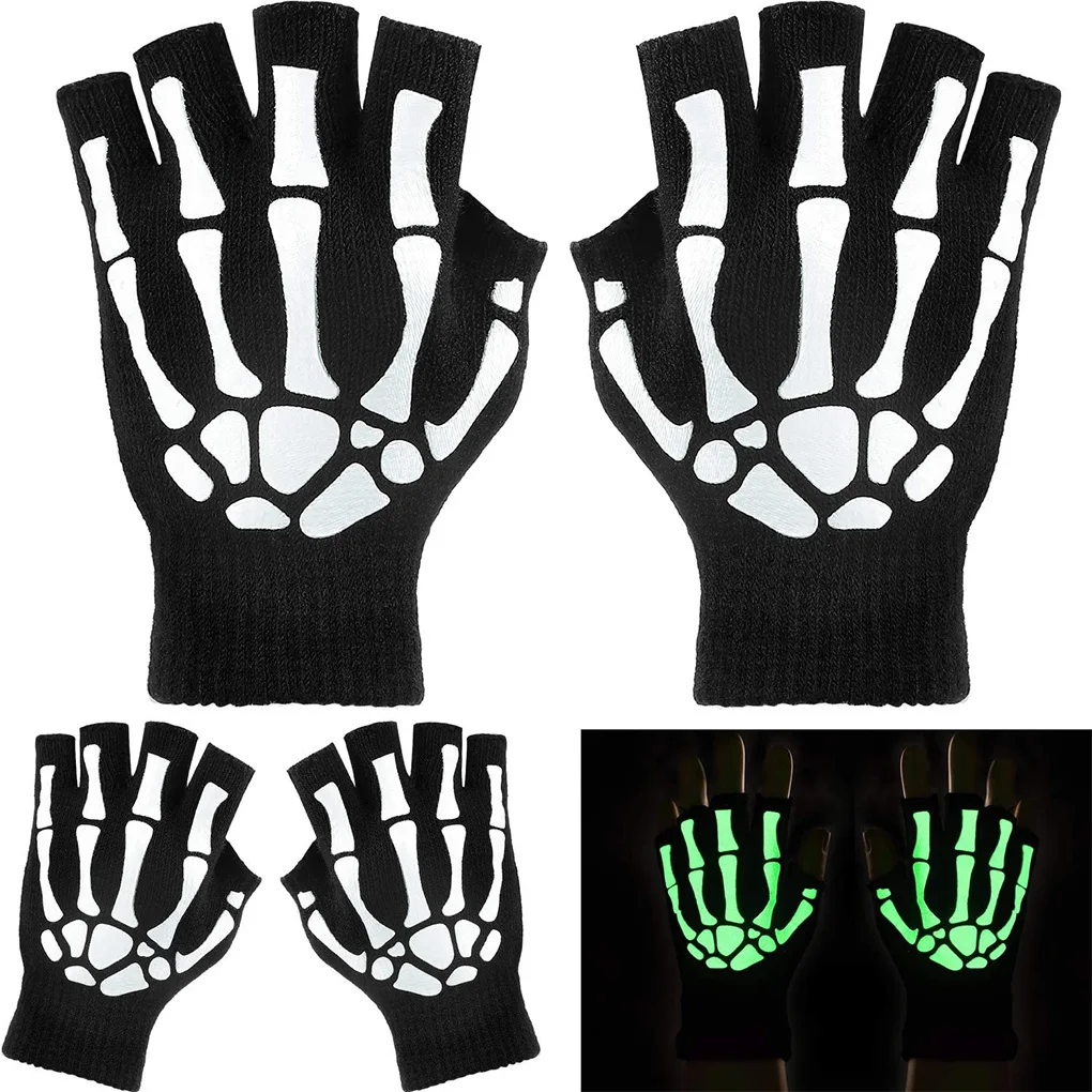 Warm Knitting Gloves Men Women Cycling Non-Slip Wrist Gloves Workout Half Fingers Mittens Skeleton Head Gripper Print Gloves