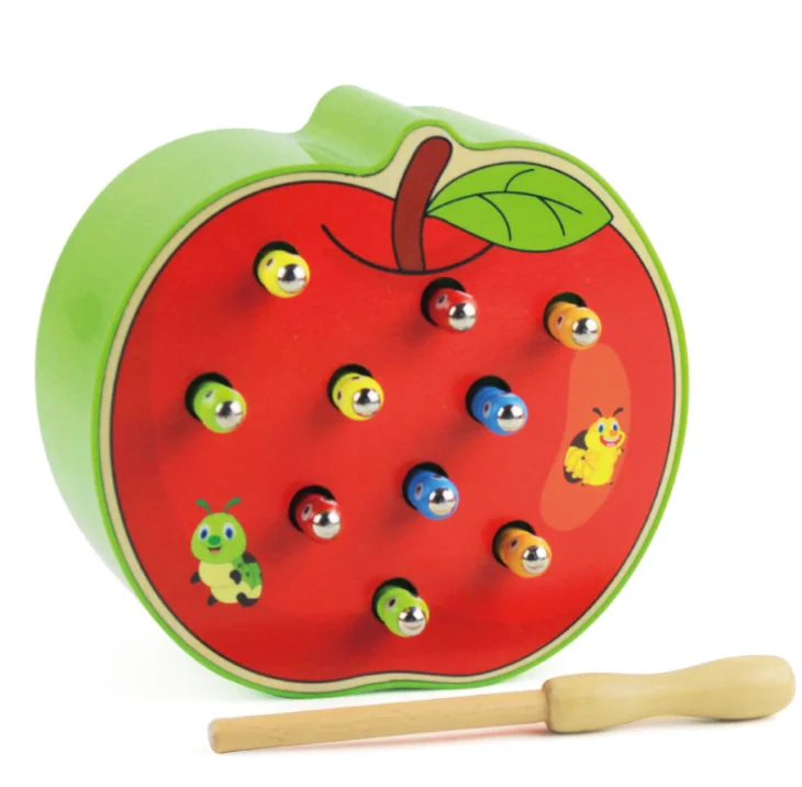 Montessori Wooden Toys Apple Strawberry Catch Worm Fishing Game for Kids Educational Learning Fine Motor Skill Training Toys