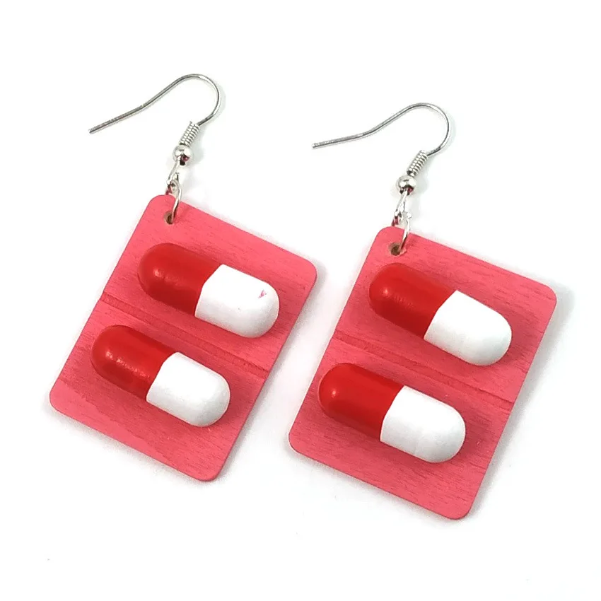 Funny Lovely Wooden Capsule Drop Earrings Cute Pills Medicine Big Dangle Earrings For Women Creative Fashion Jewelry Gift