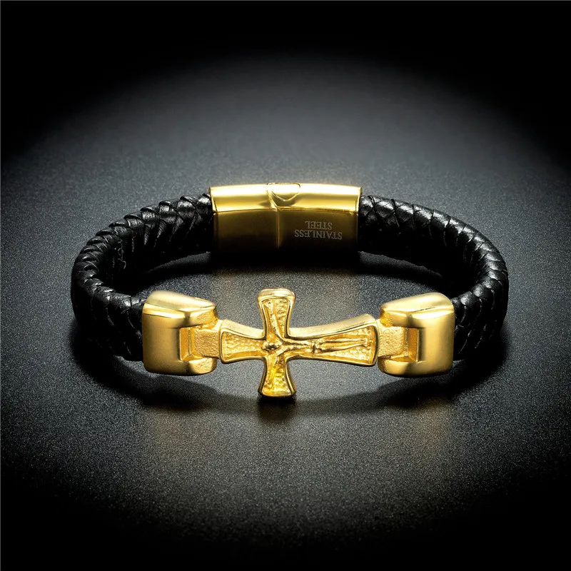 Vintage Punk Style Men's Bracelet Genuine Leather Golden Cross Dragon Leopard Eagle Skull Stainless Steel Bracelets Men Jewelry