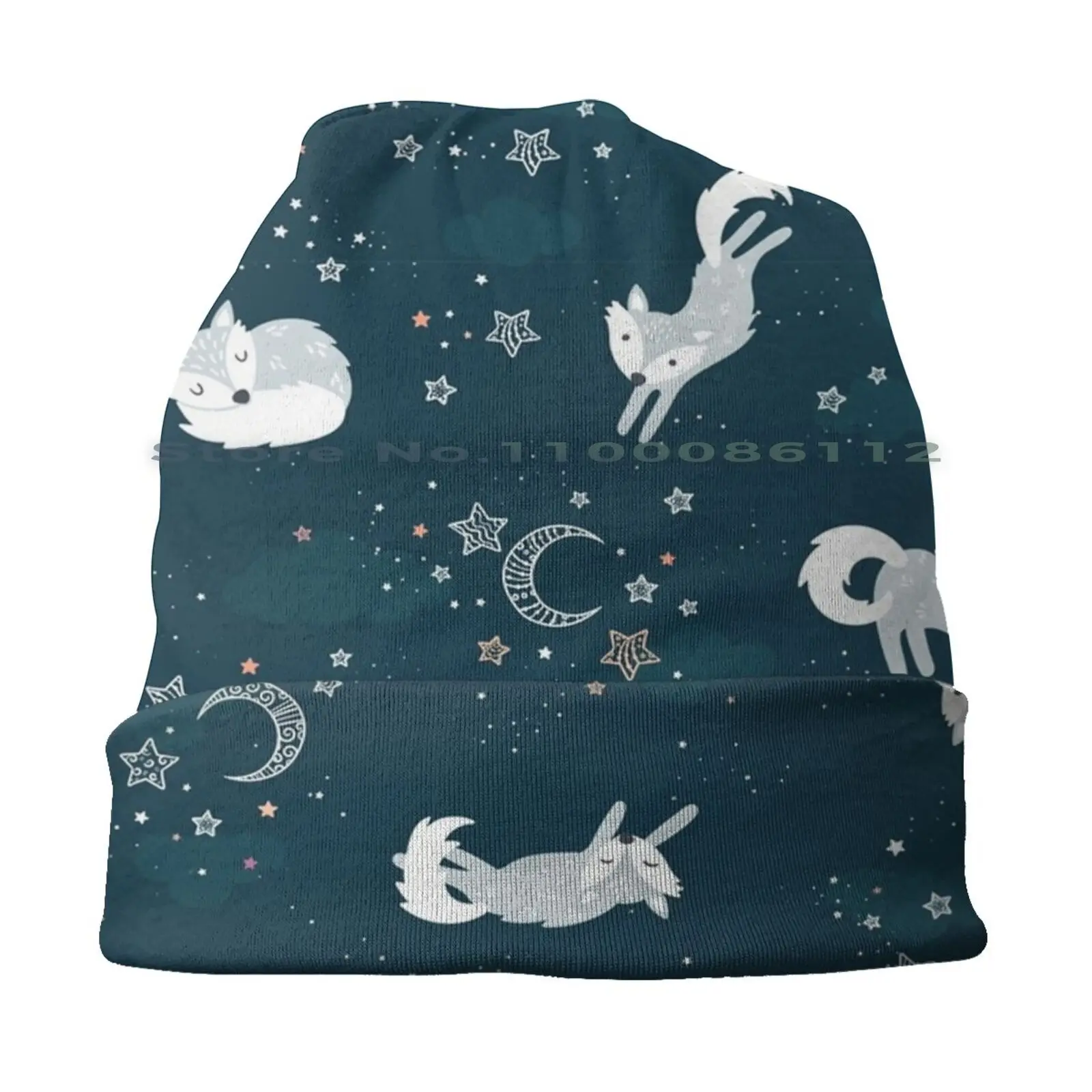 Cute Arctic Foxes At Night Beanies Knit Hat Winter Night Sleep Stars Moon Polar Fox Arctic Foxes Animal Comic Tired Loving