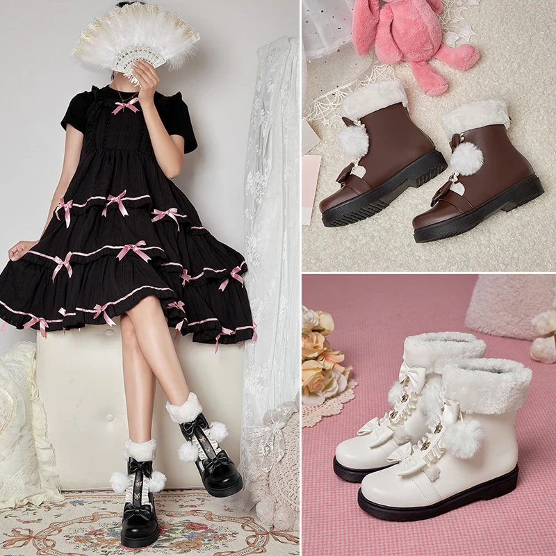 Fashion Women Lolita Boots Fall Winter Comfy Warm Plush Flock Gothic Cosplay Party Platform Girls Ankle Boots Back Zipper