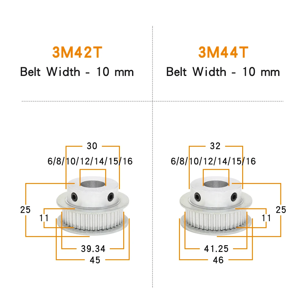 3M-42T/44T Pulley Wheels Bore Size 6/8/10 /12/14/15/16 mm Alloy Wheel Teeth Pitch 3.0 mm BF Shape For Width 10 mm 3M Timing Belt