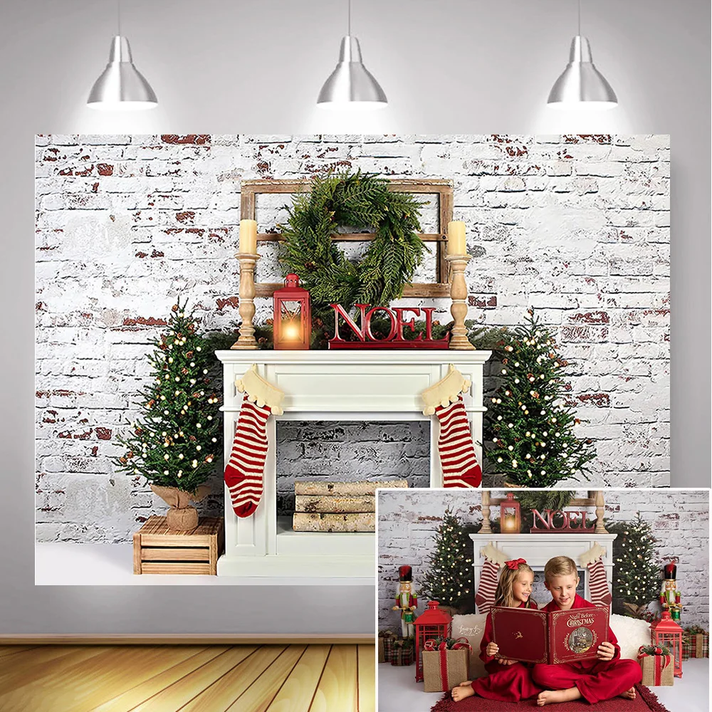 Christmas Photography Background Winter Onederland Birthday Party Backdrop Fireplace Retro Brick Wall Wresth Sock Christmas Tree