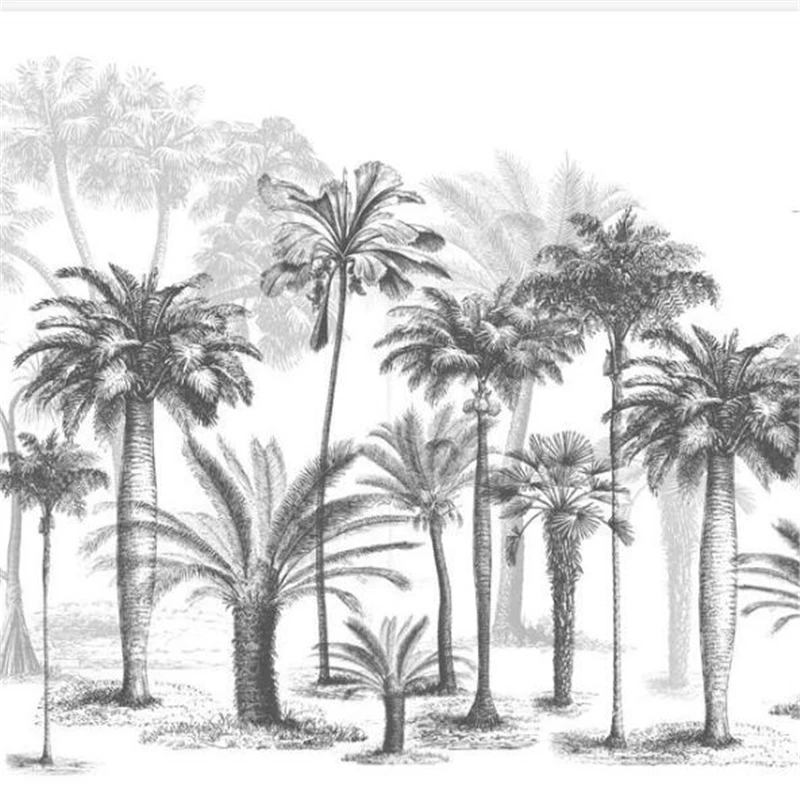 wellyu Custom large mural black and white sketch style tropical rain forest coconut tree nordic tv background wallpaperper