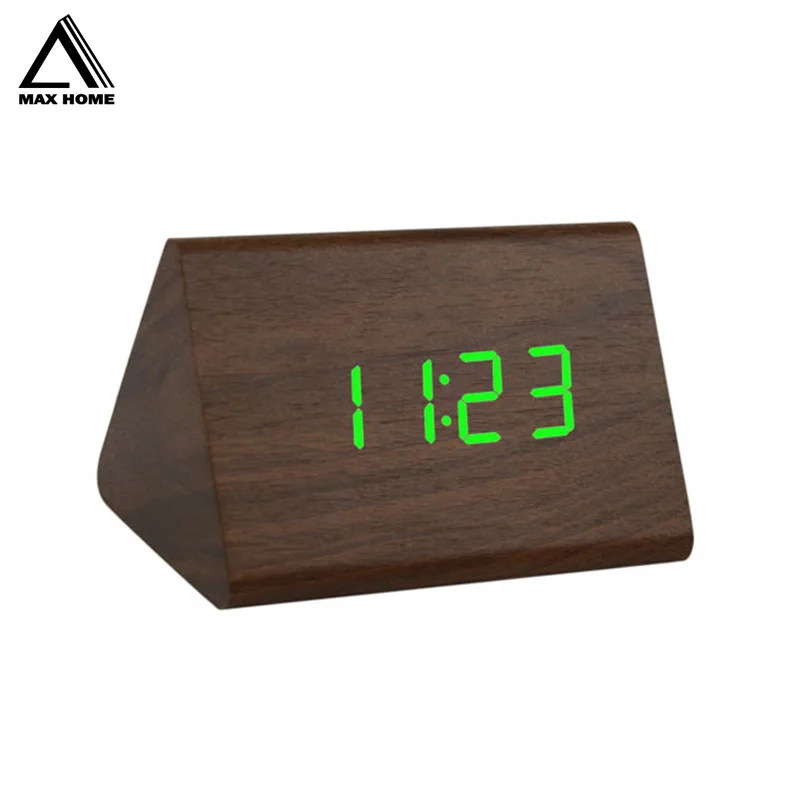 MAX HOME LED Wooden Alarm Clock Table Voice Control Digital Clock Temperature Humidity Display Wood Despertador Desktop Clocks