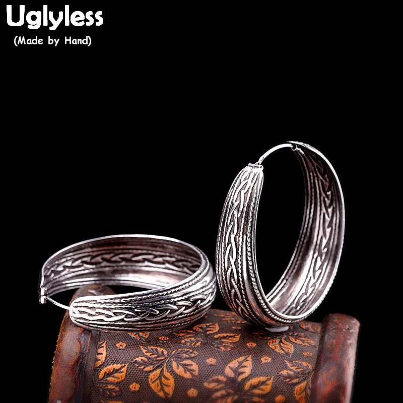 

Uglyless Vintage Ethnic Thai Silver Ear Hoop for Women Handmade Twist 925 Sterling Silver Earrings Bohemia Brincos Jewelry E1624