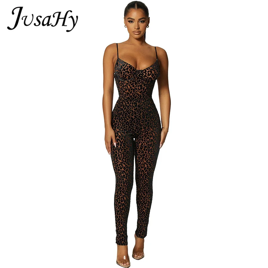 JuSaHy Leopard Print Flocking Jumpsuit for Women Fashion Sleeveless Backless Body-Shaping Casual High Streetwear Female Outfits