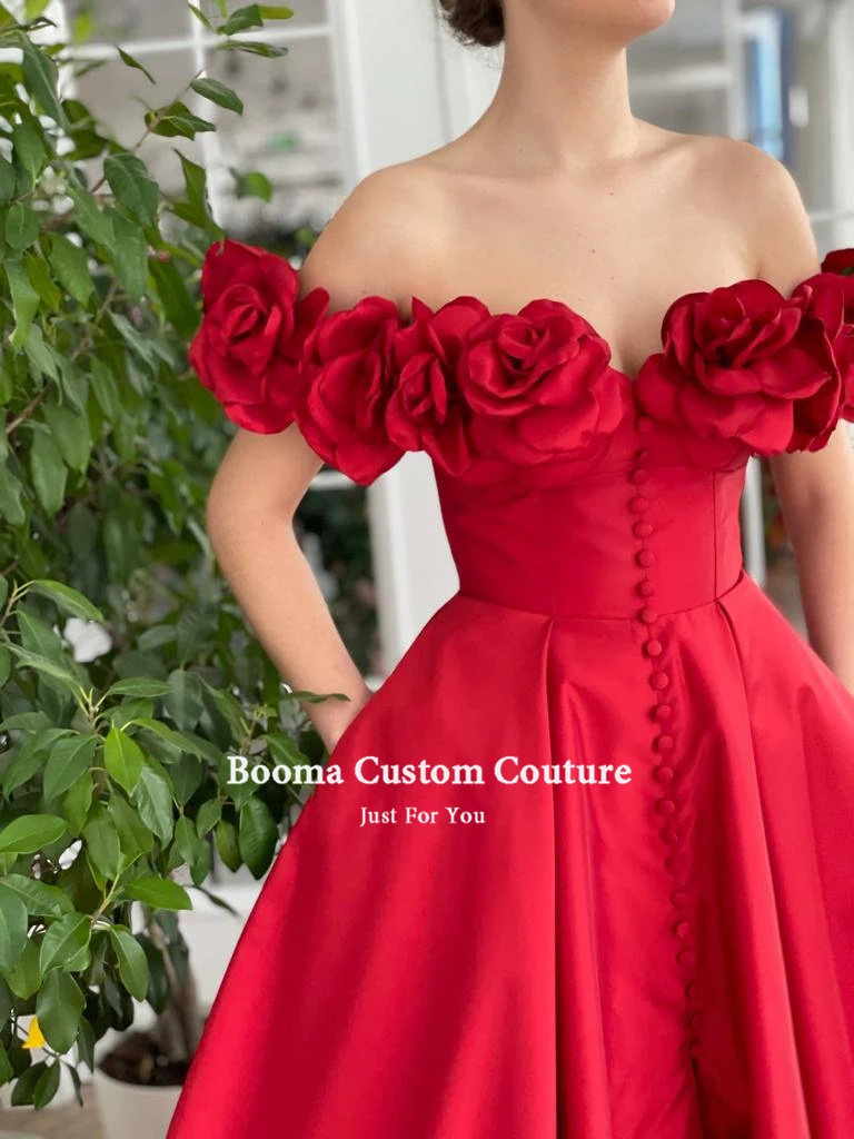 Booma Red Taffeta Prom Dresses Off Shoulder Handgemaakte Bloemen Slit A-lijn Avondjurken Dichtgeknoopt Lange Formele Party Jurken