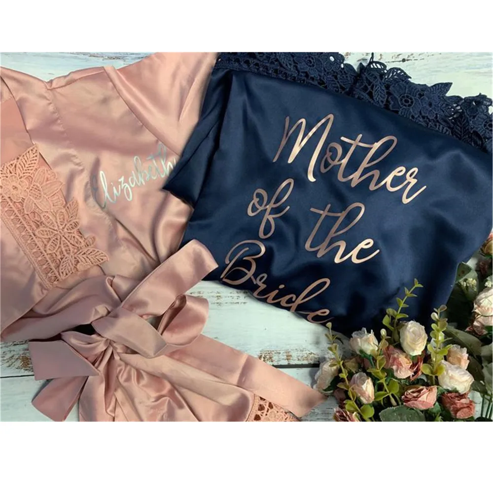 rose gold lace silk wedding Robe custom navy bride to be nightgown Christmas Gift honeymoon sexy nightwear Bridesmaid bathrobe