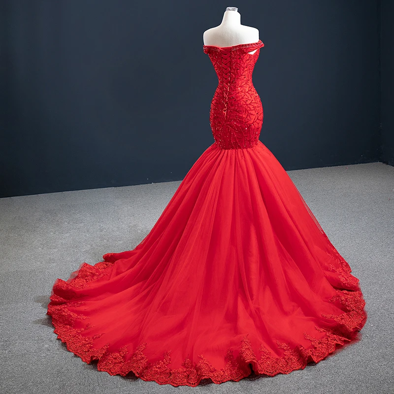 Robe de soirée de forme sirène rouge, Sexy, col en cœur, épaules dénudées, paillettes, perlage, J67150