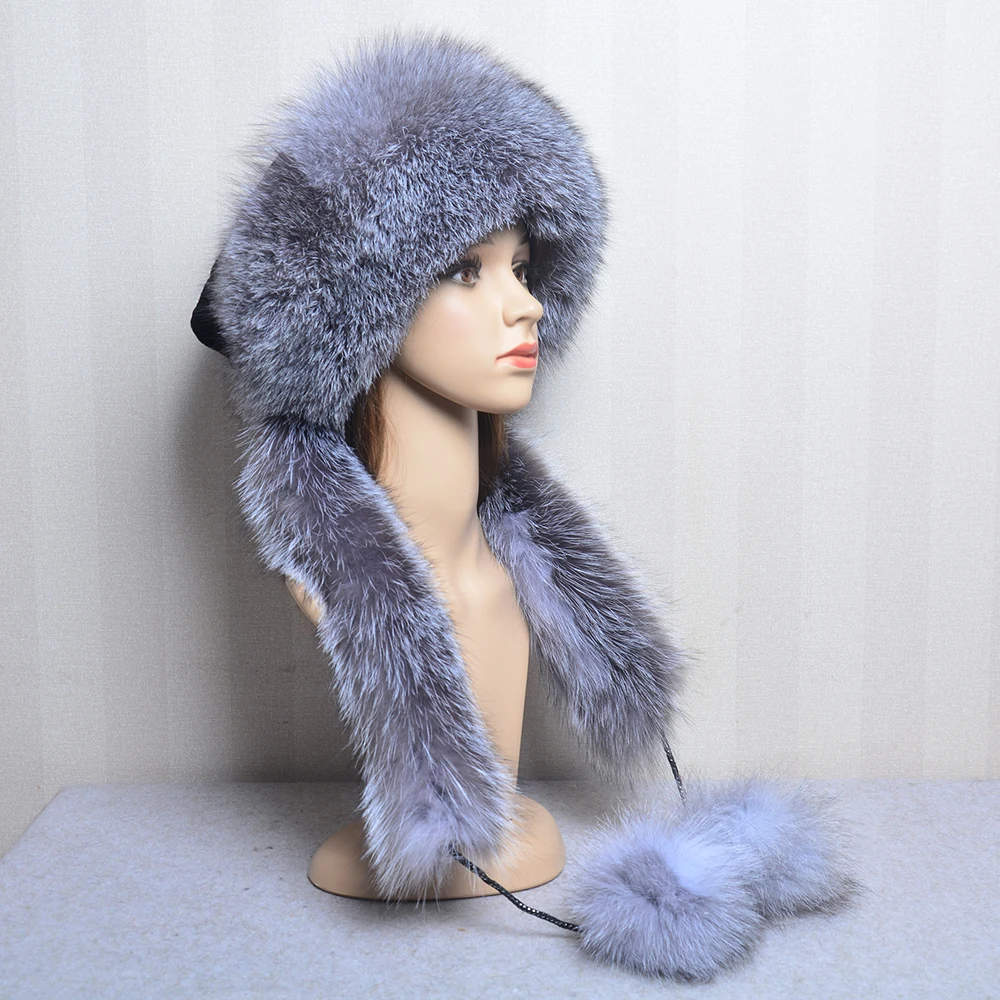 Women’s Winter Hat With Fox Fur Surround Can Be Used As a Scarf Women Russian Aviator Trapper fox Fur Rex Rabbit Fur Bomber Hat