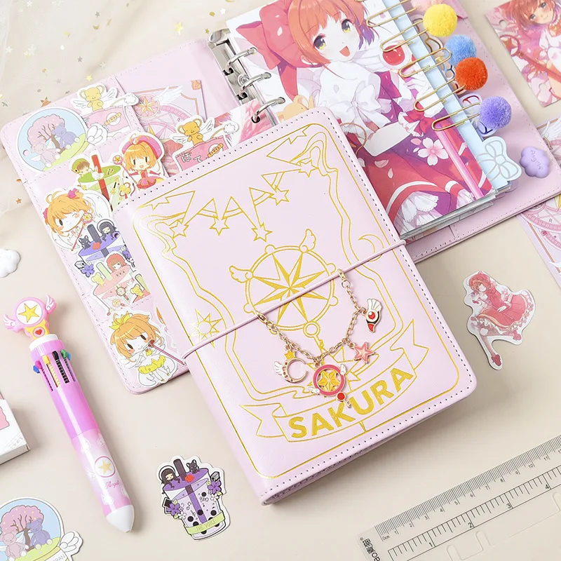 Cute Pink Sakura Anime Loose-leaf Diary Notebook Colorful Pages Spiral 6 Holes Binder Notebook Journals Planner Stationery Set