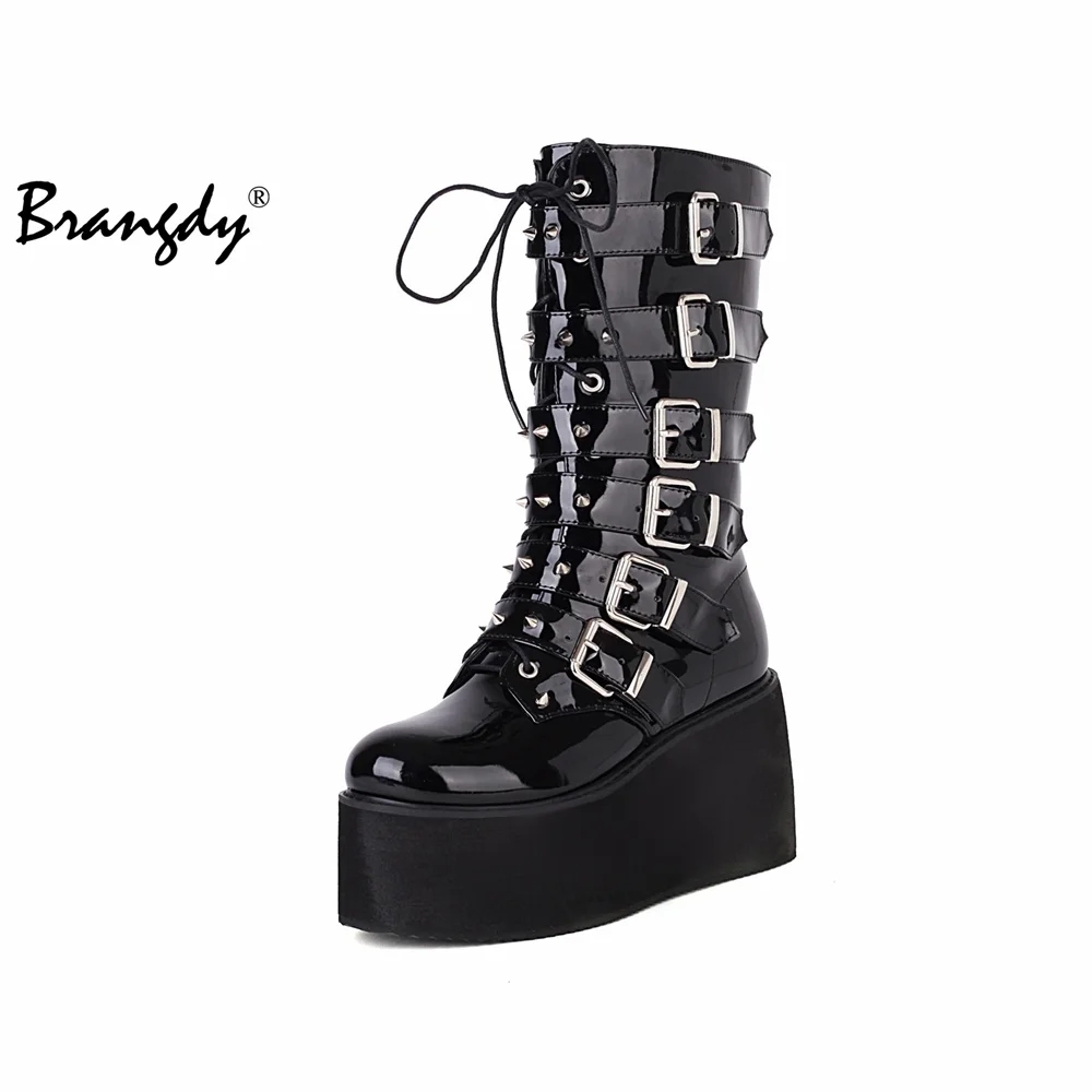 Brangdy New Punk Women Boots Ins Hot Plataforma High Heels Big Size 43 Gothic Style Wedges Shoes Fashion Ankle Boots Woman