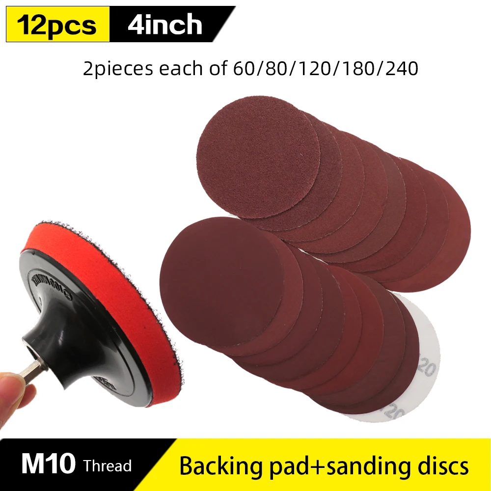 4inch 100mm Sanding Disc Set Hook&Loop Sandpaper 60-240 Grit Backing Plate with M10 Drill Adaptor for Polishing Metal Plastic