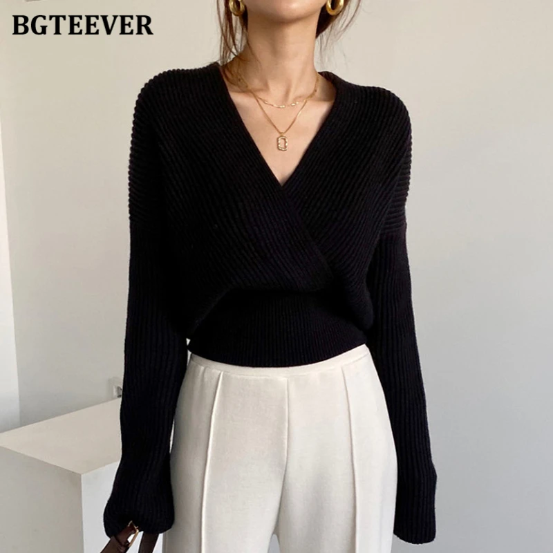 BGTEEVER Stylish V-neck Cross-Criss Women Knitted Pullovers 2020 Elegant Loose Warm Sweater Female Full Sleeve Knitting Tops