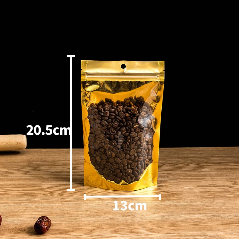 50Pcs Gold Stand Up Food Packaging Aluminum Foil Bag With Hang Hole One Face Transparent Coffee Beans Nuts Storage Waterproof