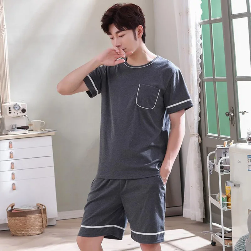 

Newest Men's Pajamas Set Plus Size L-4XL Summer Striped Sleepwear Men's Short Sleeve Nightwear Short Top Pant Leisure Outwear
