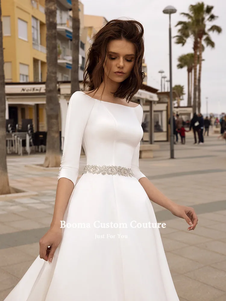 Elegante vestido de novia de satén de marfil, Media manga, con cinturón de cristal, corte en A, talla grande