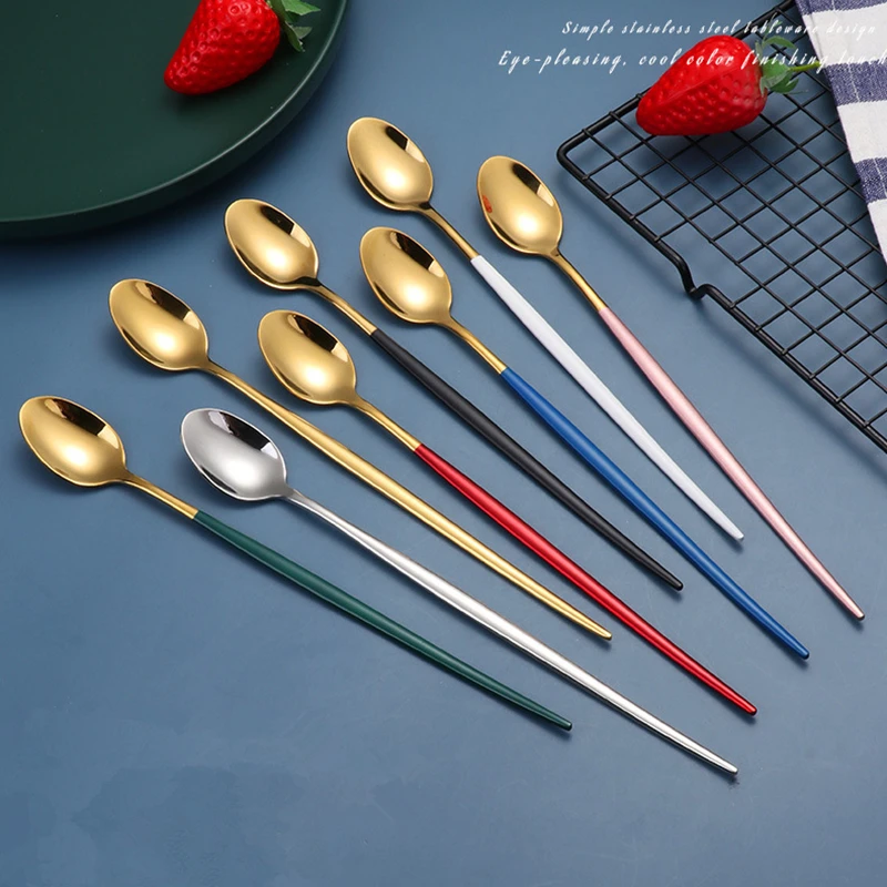 Creative 304 Stainless Steel Long Handle Spoon Thicken Tableware Tea Coffee Ice Cream Mixing Spoons Teaspoons Kitchen Dinnerware