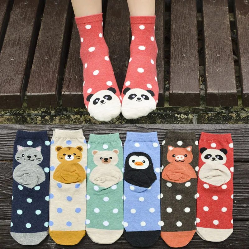 Cotton Short Socks for Women Cartoon Penguin Panda Pig Sloth Polka Dot Animal Printing Gril's Mid Tube Sox