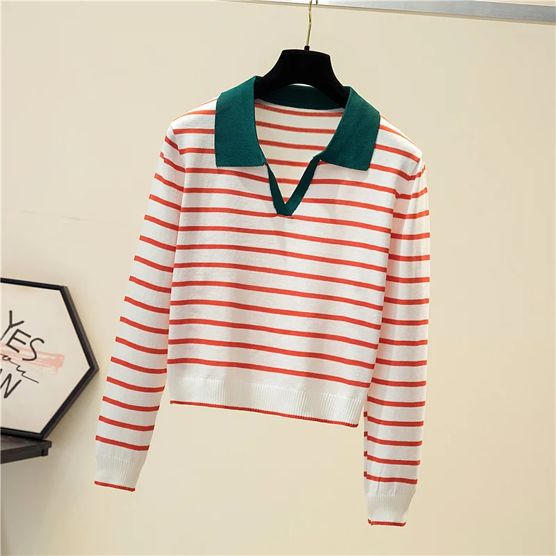 Striped v-neck pullover polo sweater women\'s early autumn all-match tops long-sleeved knitted bottoming sweaters jumpers