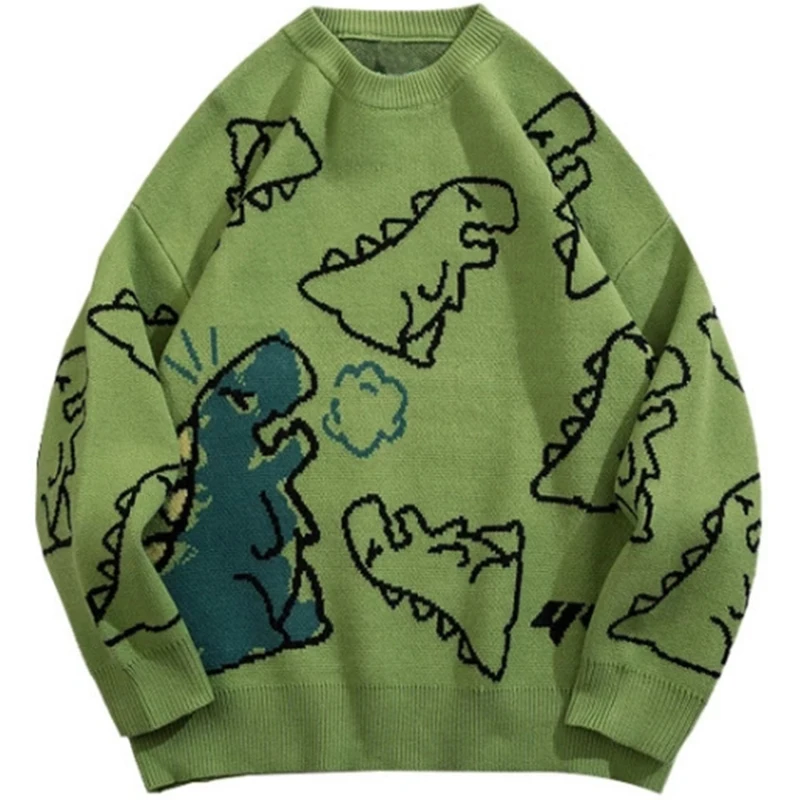 Sweater Men Harajuku Fashion Knitted Hip Hop Streetwear Dinosaur Cartoon Pullover Oversized Casual O-Neck Women Vintage Sweaters