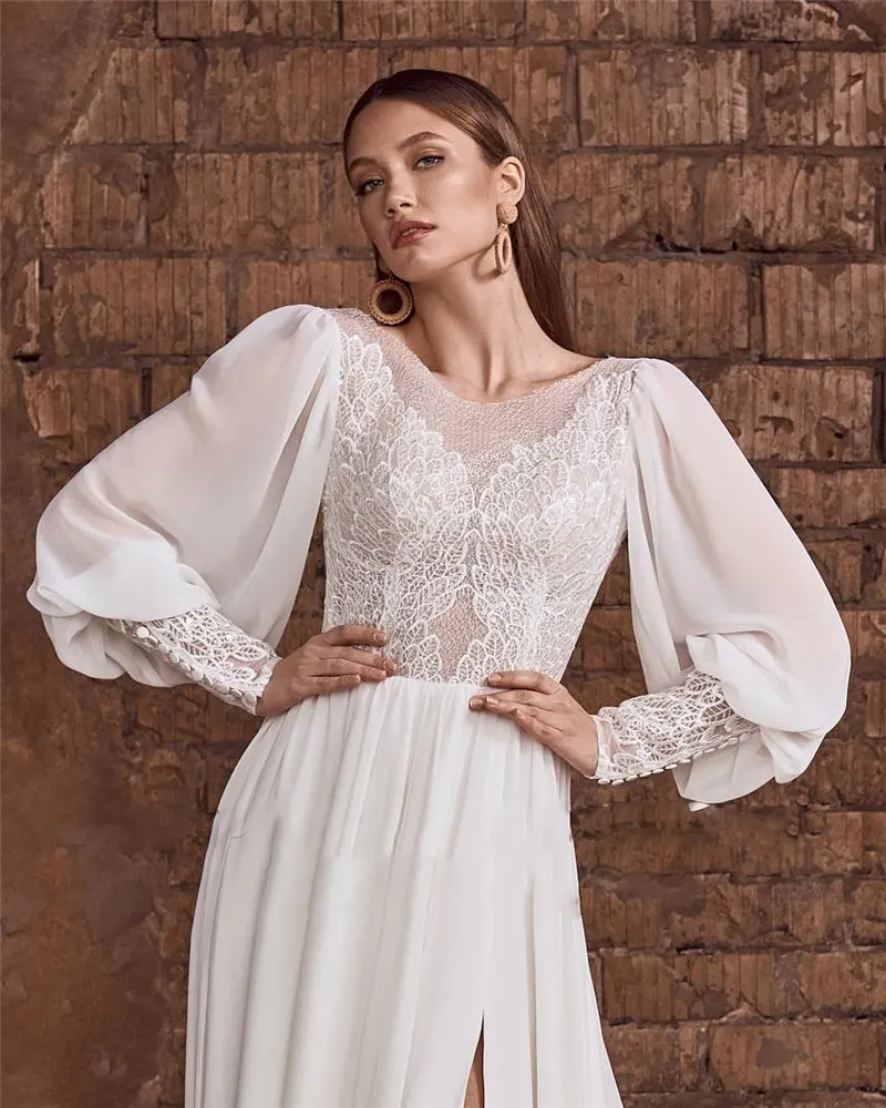 2021 Graceful Lace And Chiffon A Line Beach Wedding Dress Puff Long Sleeves Buttons Side Slit Backless Sexy Bridal Gown For Lady