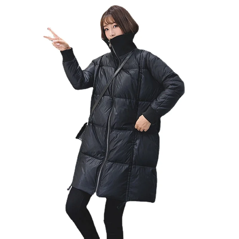 Fashion New Women's Winter Down Jacket Temperament Mid-length Drawstring Black Stand-up Collar Long Warm Parker Down Jacket