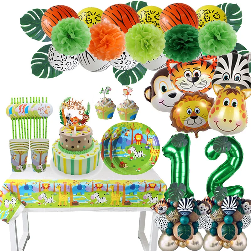 Safari Party Disposable Tableware set Jungle Animal Party Ballons kids 1 2 3 4 5 6 7 8 9 Years Birthday Party decorations Baby