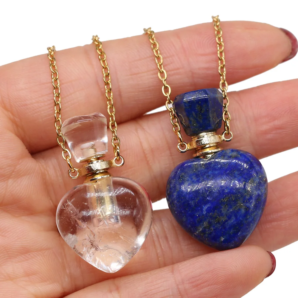 Pendentif bouteille d'huile essentielle pour femme, quartz clair, coeur, colliers de la présidence, pierre naturelle, parfum Lapis Lazuli, bijoux de collier