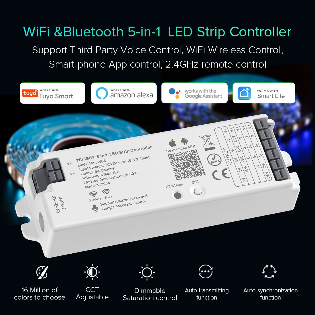 Wifi Alexa Voice 5 in 1 Google Assistance Controller 5CH RGB RGBW CCT Dimmer Bluetooth LED Light Strip IOS Android Tuya 12V 24V